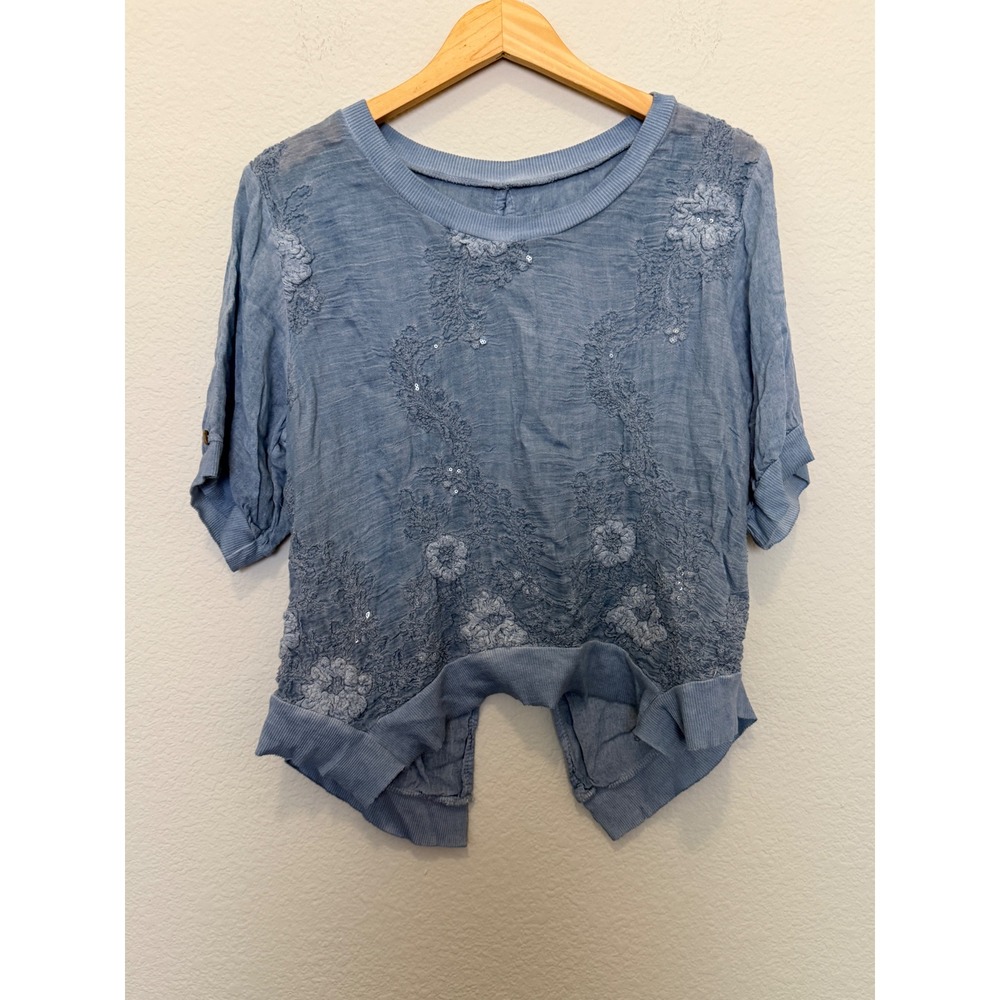 Scandal made in Italy Lagenlook Blouse-Blue-Artsy Semi Sheer Boho Top - Picture 3 of 11
